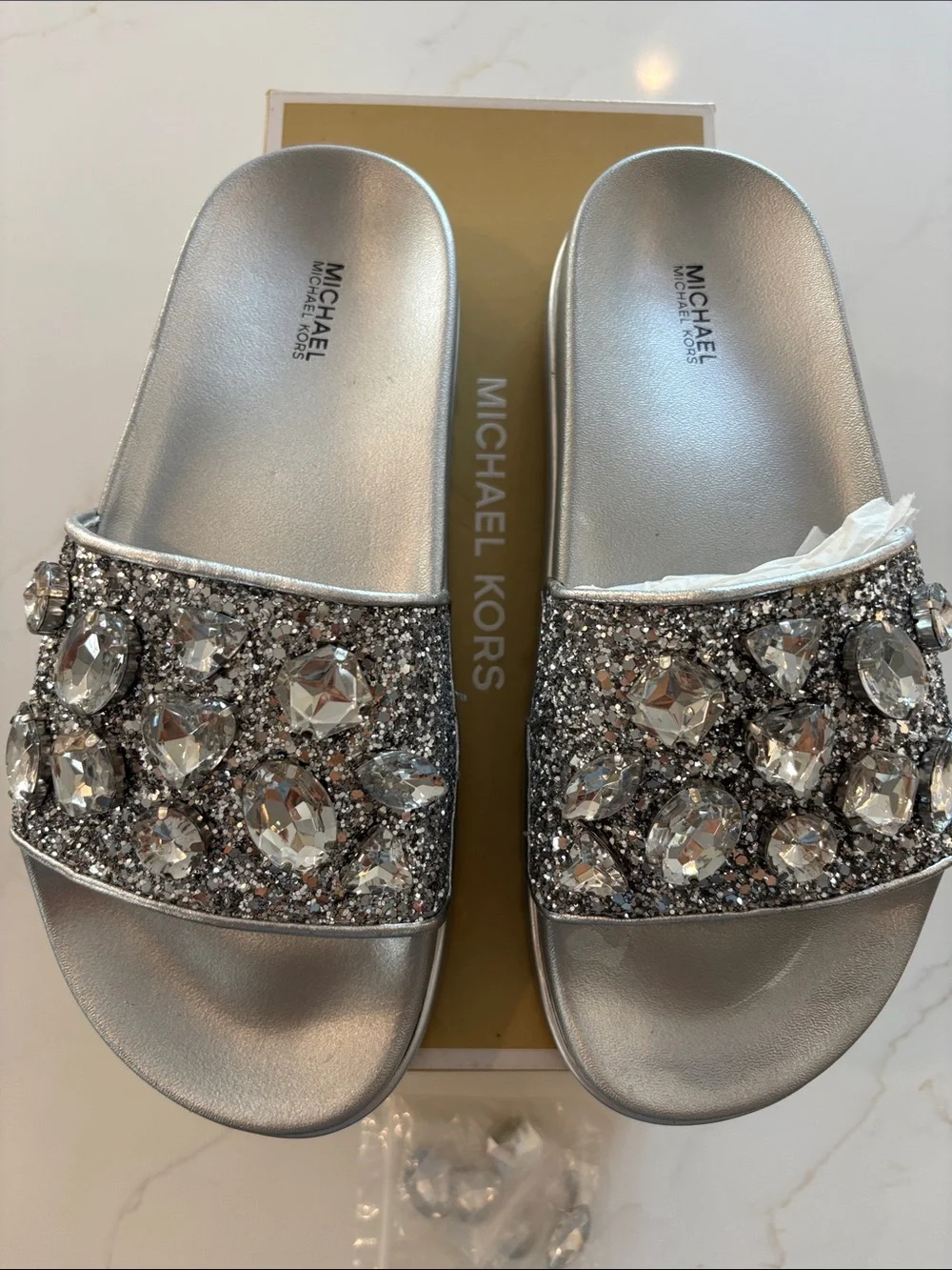 Michael Kors Silver Crystal Embellished Slide Sandals